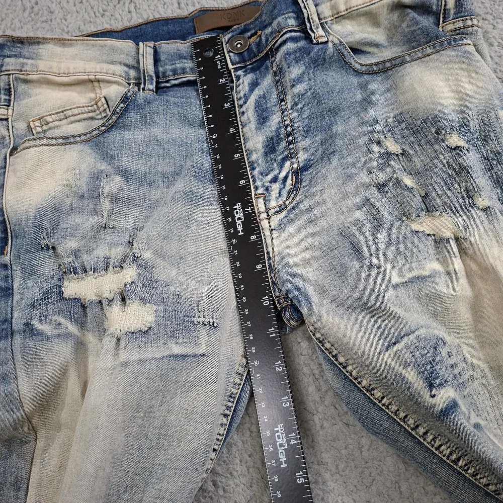 KDNK Distress Ripped Stacked Skinny Jeans Mens Size 34 Ankle Zip Grunge Y2K MOTO